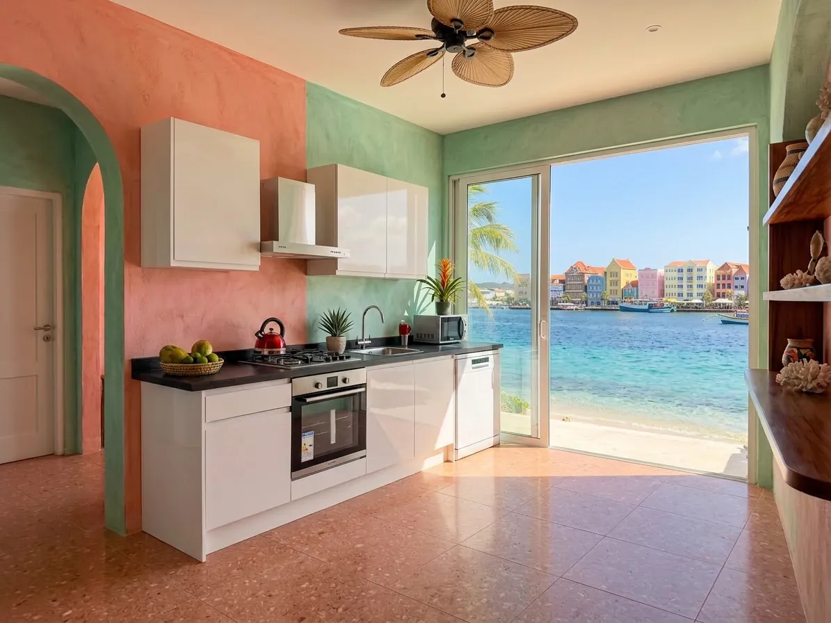 Red Cube keuken in een woning op Curaçao met uitzicht op het water